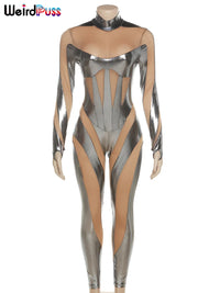 Weird Puss Sexy Summer Jumpsuits Silky Mesh Hollow Patchwork Zip Long Sleeve Activity Skinny Midnight Clubwear Workout Overalls