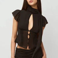 Guiz Apricot Silk Scarf Ribbon Chiffon Shirt Semi-Transparent High-Waist Waist-Cinching Top Low-Waist Pleated Skirt