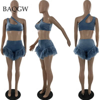 9 Colors Feather Fringe Patchwork Shorts and Crop Top Two Piece Set Summer Streetwear Women Sexy Bodycon Tracksuit Party Outfits