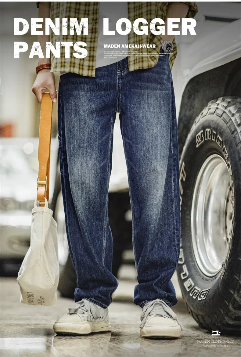 Maden Retro Blue Logging Mens Jeans with Washed Denim Loose Fit Cotton And Non-Elastic Waist Daily Wear Casual Pants