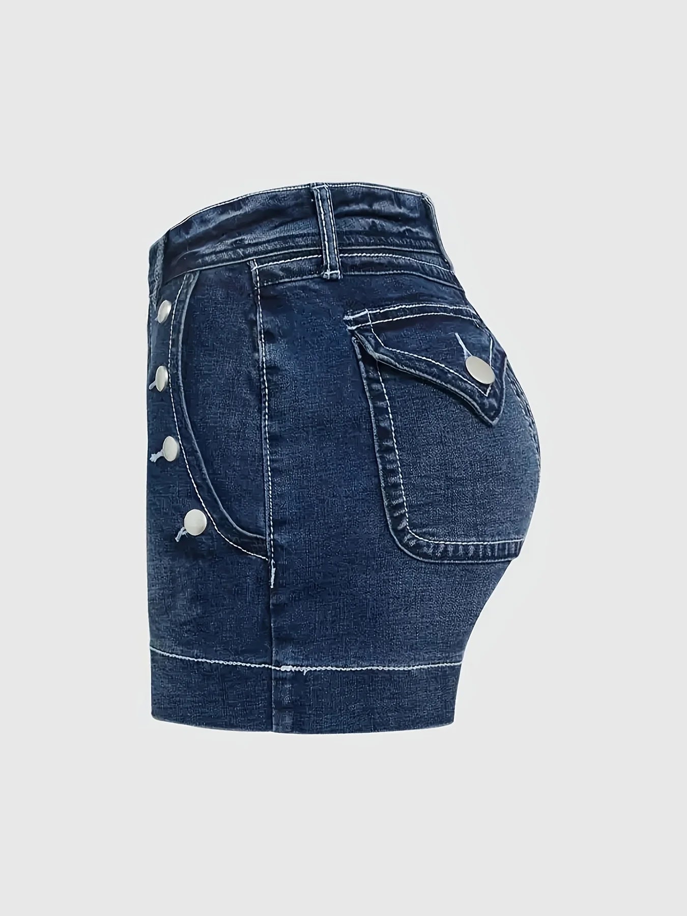 Ladies Mid-Waist Blue Elastic Denim Shorts with Wide Hem Front Pockets Diagonal Buttons Back Pocket Cover Buttons Elegant Casual