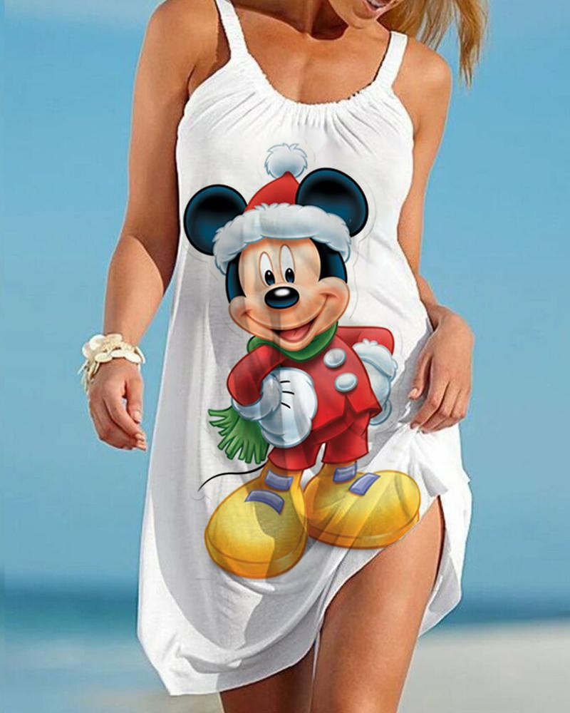 Sexy 2022 Summer Mickey and Minnie Women Fashion Sling Print Dress Disney  Beach Dress