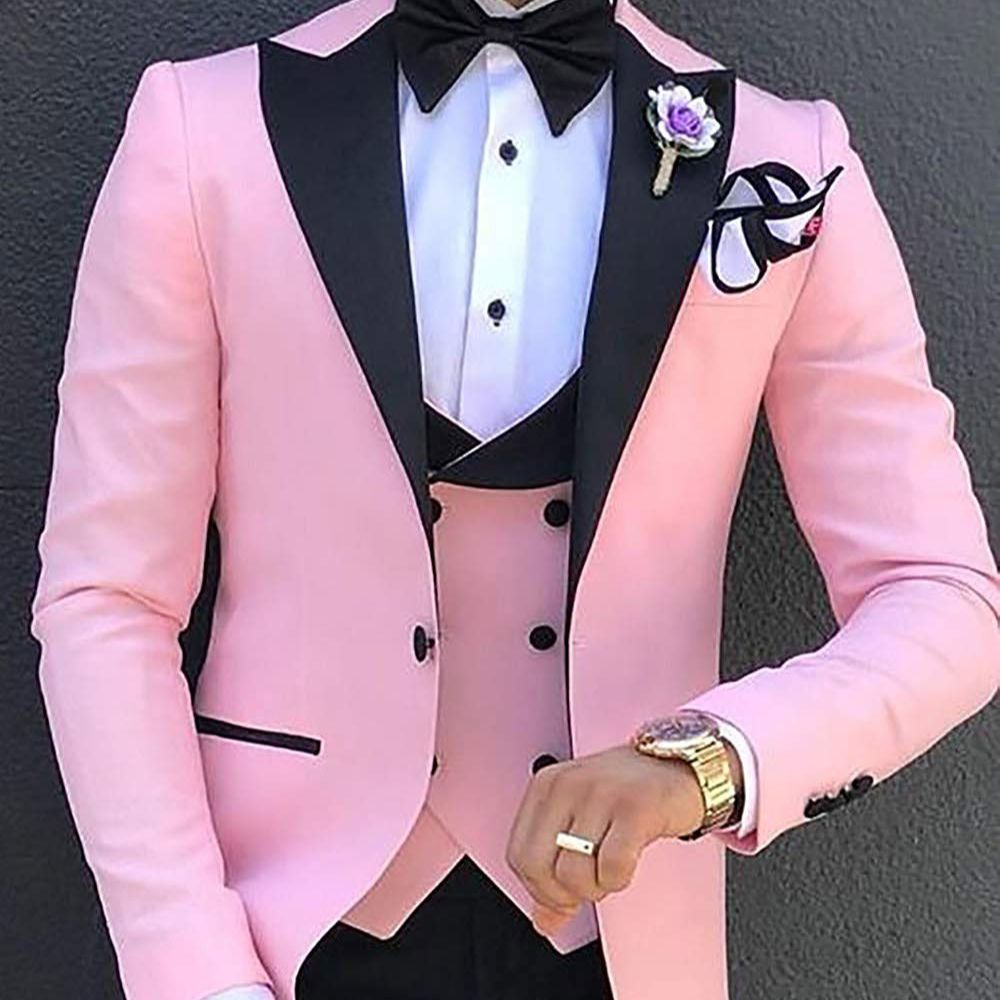 Pink Mens Suits 3 Pieces Slim Fit Casual Business Groomsmen Green Champagne Lapel Tuxedos for Formal Wedding (Blazer+Pants+Vest)