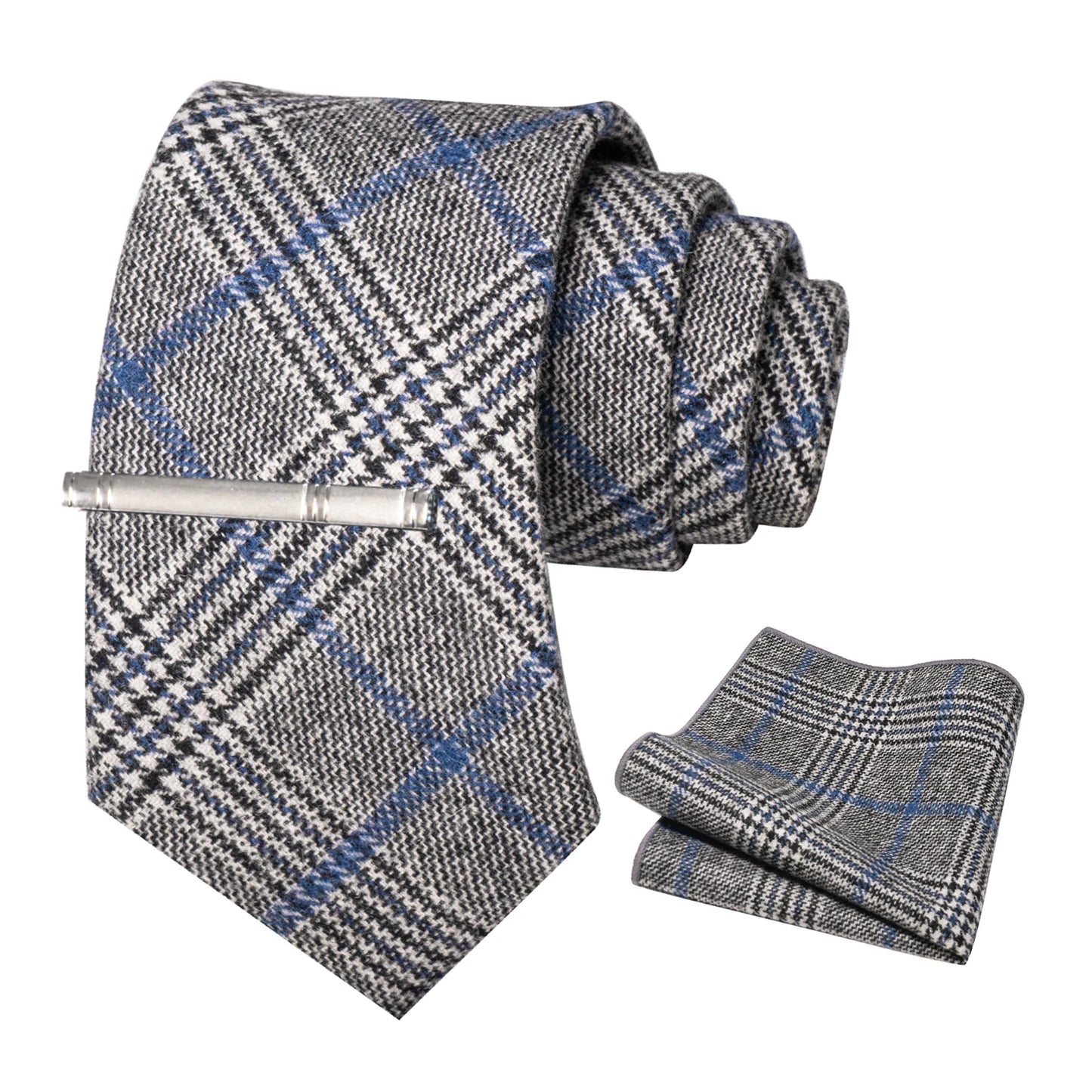 JEMYGINS Classic Wool Necktie For Men 8cm Brown Grey Men Striped Plaid Cashmere Tie Pocket Square Sets Wedding Accessory Gift