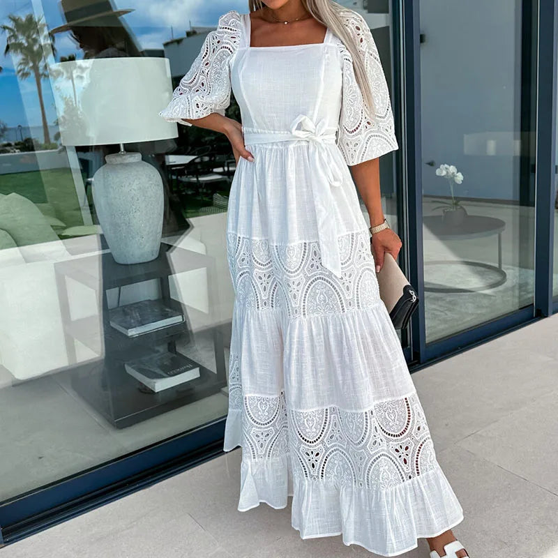 Elegant Retro White Lace Jacquard Women Dress Office Ladies Temperament Off Shoulder Maxi Dresses 2023 Long Evening Party Dress