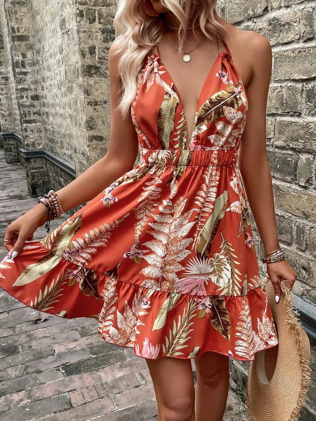 Sexy deep V waist high with ruffles summer dress, tropical orange-red printed camisole dress, perfect for casual vacations.