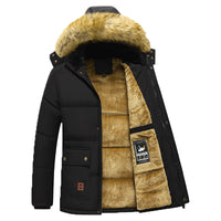 New Casual Men Winter Parka Fleece Lined Thick Warm Hooded Fur Collar Coat Male Size 5XL Plush Jacket  Work Outwearing Black