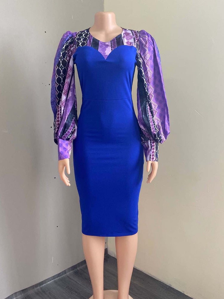 Women Bodycon Dresses Patchwork Printed Lantern Sleeves Elegant Office Ladies Work Wear Spring New Fashion African Female 2023