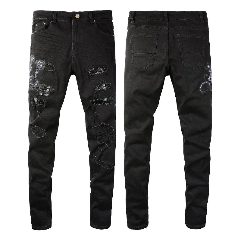 Men Snake Embroidery Jeans Skinny Tapered Stretch Denim Pants Streetwear Holes Ripped Leather Patch Patchwork Trousers Black