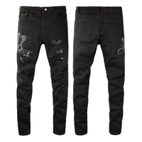 Men Snake Embroidery Jeans Skinny Tapered Stretch Denim Pants Streetwear Holes Ripped Leather Patch Patchwork Trousers Black