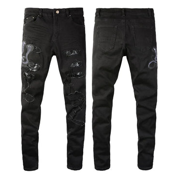 Men Snake Embroidery Jeans Skinny Tapered Stretch Denim Pants Streetwear Holes Ripped Leather Patch Patchwork Trousers Black