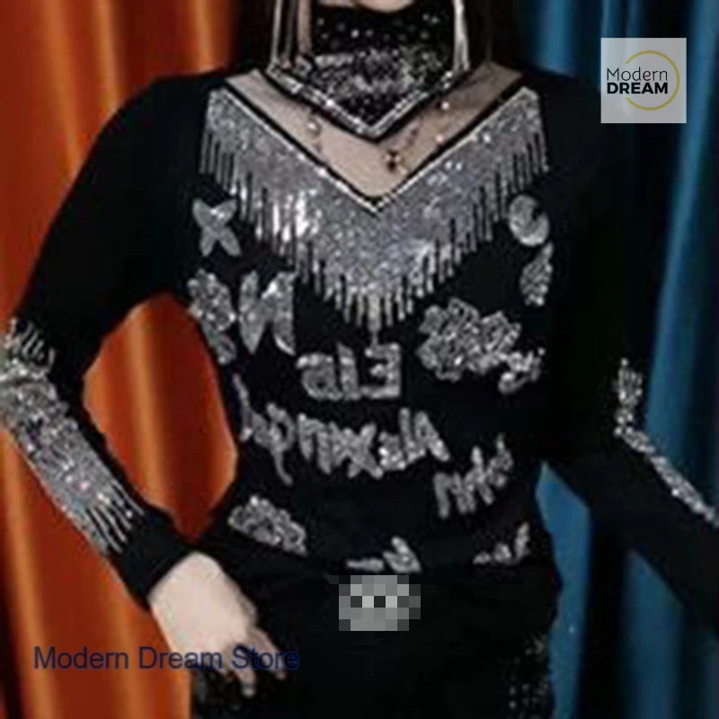 French style high-grade rhinestone bottoming shirt women's spring and autumn new slim semi-high collar versatile bottoming shirt