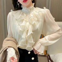 Vintage Ruffles Elegant Lace Blouse Women Stand Collar Button White Chiffon Shirt Woman Long Puff Sleeve Loose Shirts Tops 12946