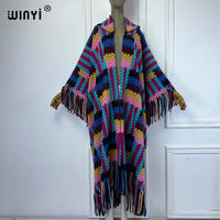 WINYI African Winter color printed tassel hooded cardigan woman abaya outfits for women coat Open Front Kimonos long down poncho