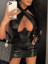 Sexy Off Shoulder Wrap Chest Hollow Out Imitation Leather Bodycon Dress Women Sleeveless Skinny Evening Dress Club Party