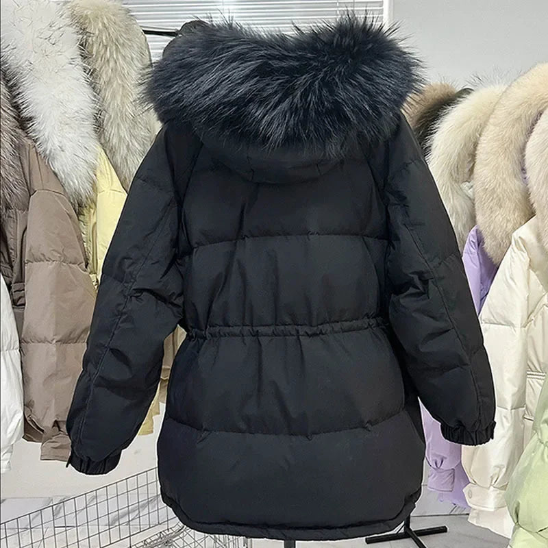 Real Raccoon Fur Coat Short Puffer Jacket Women 90% Duck Down Coat Huge Hooded Winter Thicken Female  Feather Parkas 2023