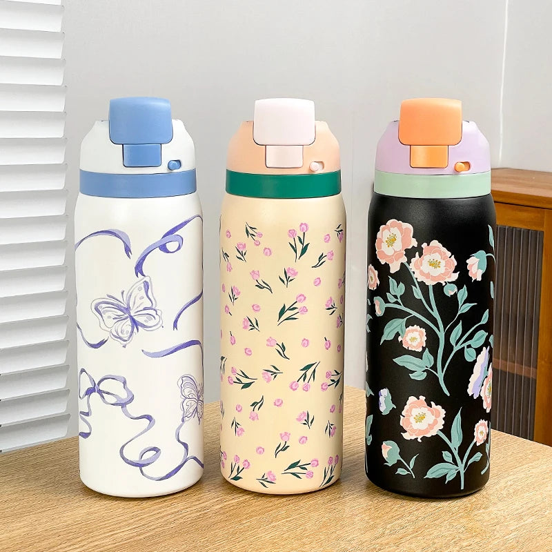 34oz Stylish Stainless Steel Water Bottle - Trendy Floral Two-Tone Design, 24Hr Hot/Cold Insulated, Leakproof Sport Lid & Handle