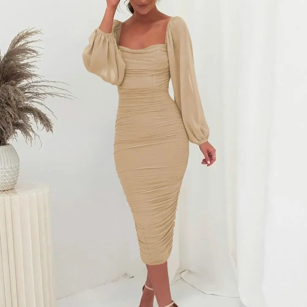 Women Sexy Evening Dress Pleated Sheath Long Lantern Sleeve Mesh Solid Color Skinny Back Hidded Zipper Split Hem Prom Midi Dress