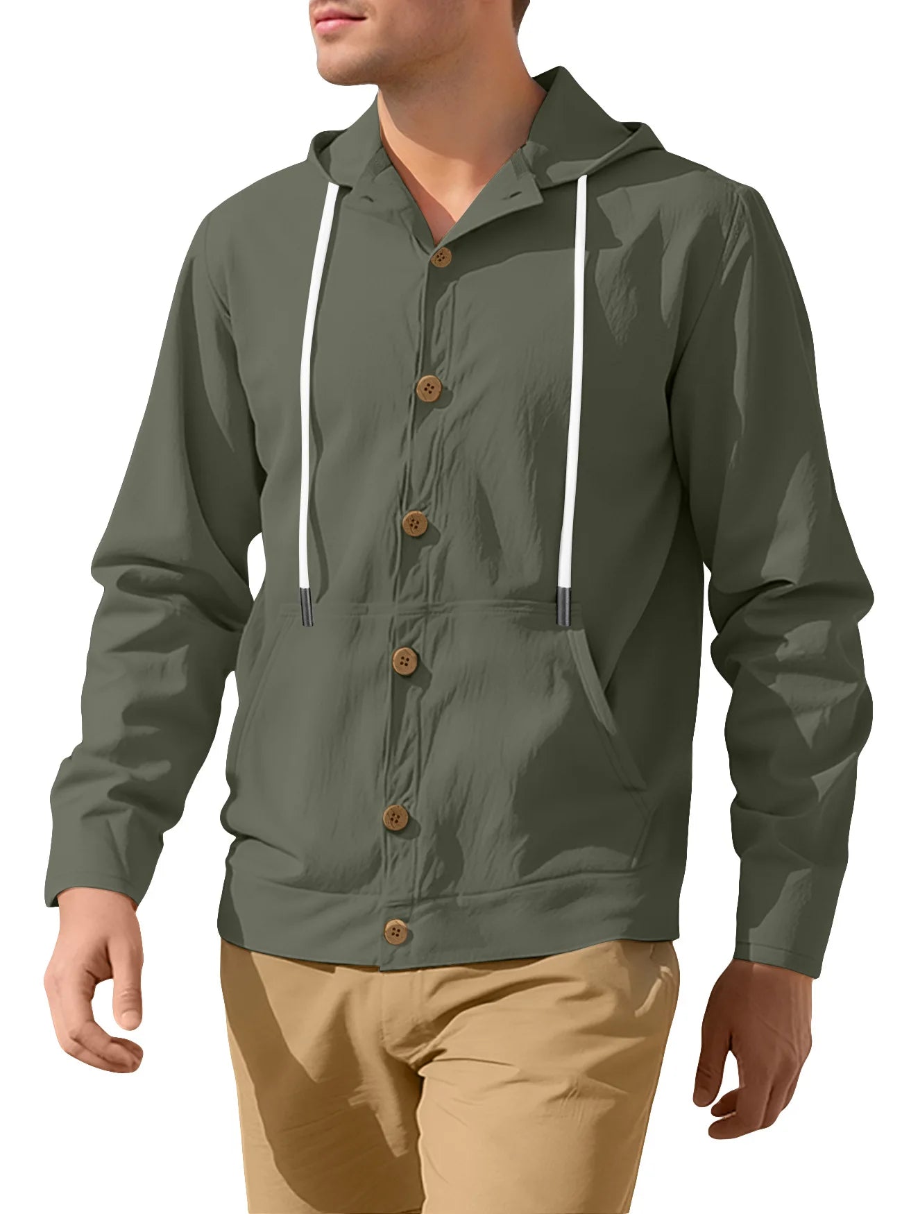 European and American Men's Button-up Shirt Loose Cotton Linen Casual Simple Beach Hooded Long-sleeved Jacket