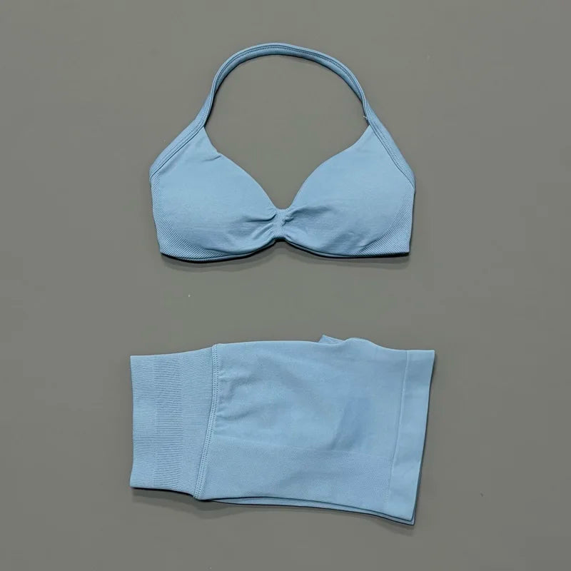 2 Piece Sport Set Women Seamless Yoga Tank Bra High Waist Scrunch Bum Gym Shorts Sets Fitness Running Workout Suit