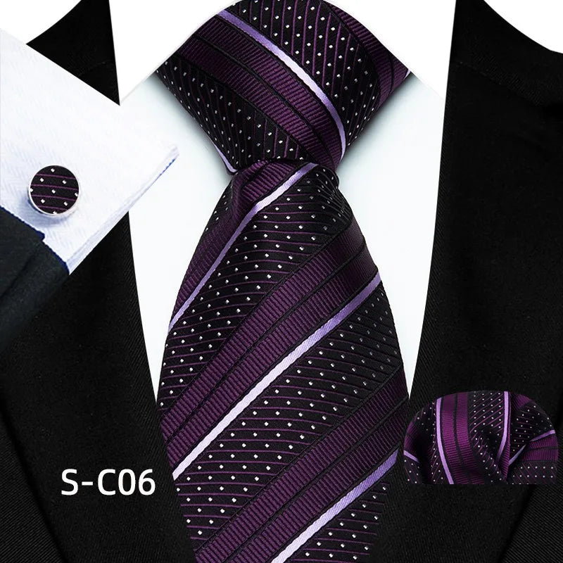 Business Mens Tie Luxury Striped 8cm NeckTie Pocket Square Cufflinks Set For Men Formal Fashion Wedding High Quality Gravata