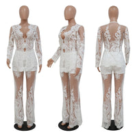 Lace Embroidery Two Piece Set Women Elegant Sexy Long Sleeve Cardigan Jackets See Through Wide Leg Pants Designer Party Suits