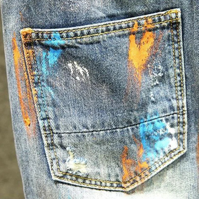 Men's Short Jeans Pants Multi Color Ripped Graffiti Male Denim Shorts Korean Fashion Blue New in Cut Emo Trend 2024 Original Xl