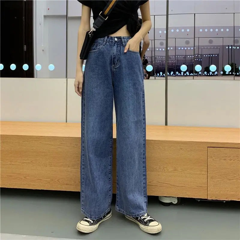 2025 New Wide-leg Jeans for Women, Slim and Versatile Retro Korean Version Loose Student High Waist Straight-tight Dad Pants