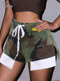 Joskaa Casual High Waist Drawstring Camouflage Shorts Women Clothes Summer 2023 Sexy Side Slit Irregular Bottoms Y2K Streetwear