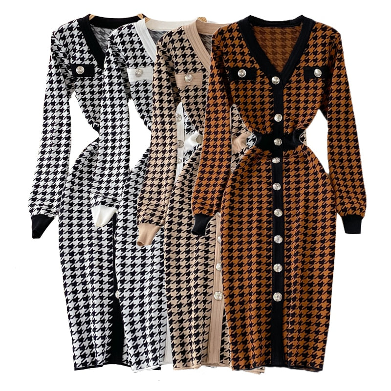 Sexy Elegant Temperament V-neck Hit Color Dress Office Lady Single-breasted Houndstooth Dress