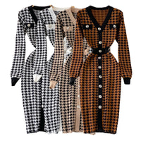 Sexy Elegant Temperament V-neck Hit Color Dress Office Lady Single-breasted Houndstooth Dress