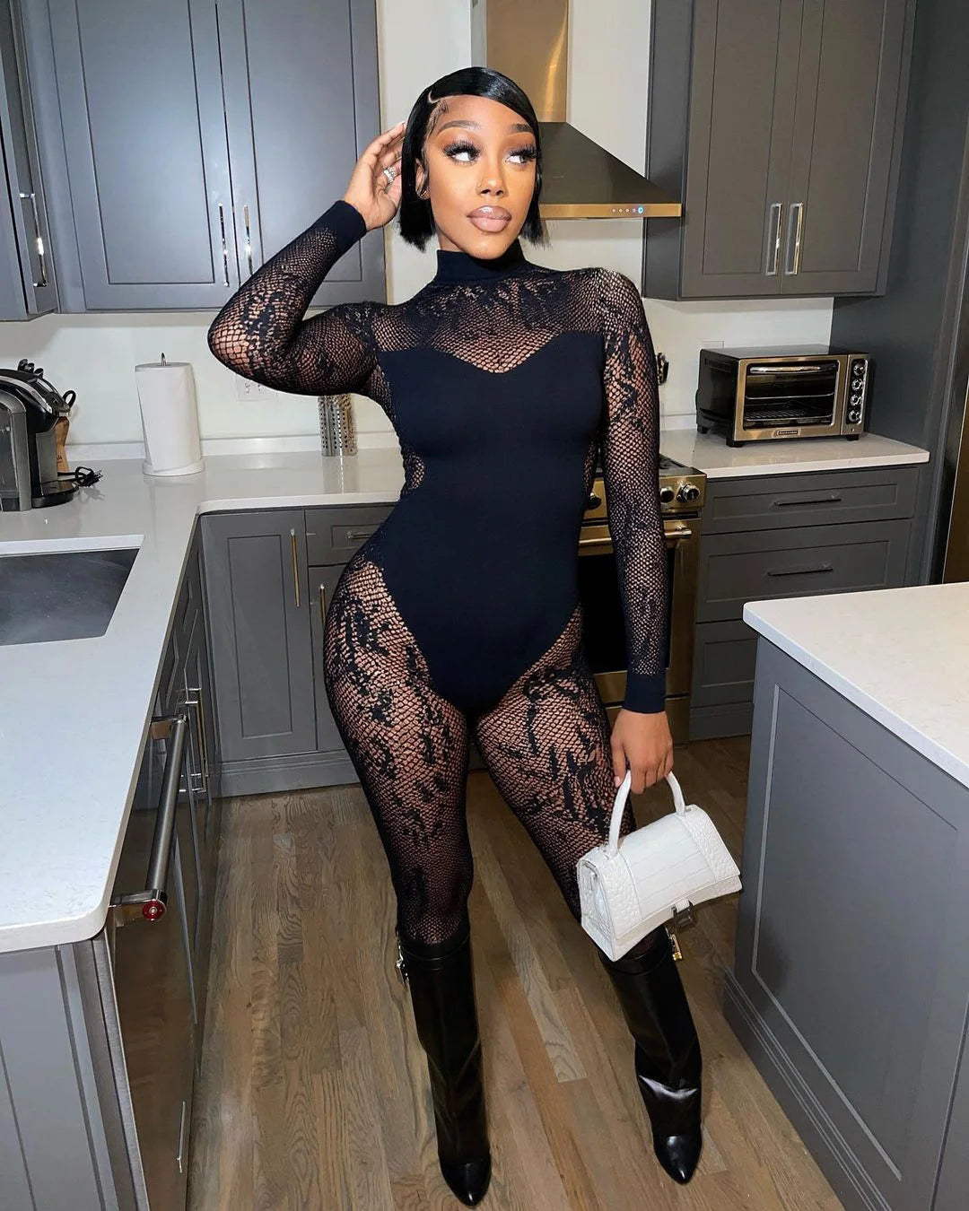 Weird Puss Sexy Hipster Jumpsuit Women Jacquard Coquette Patchwork Skinny Stretch Midnight Club Activity Button Workout Overalls