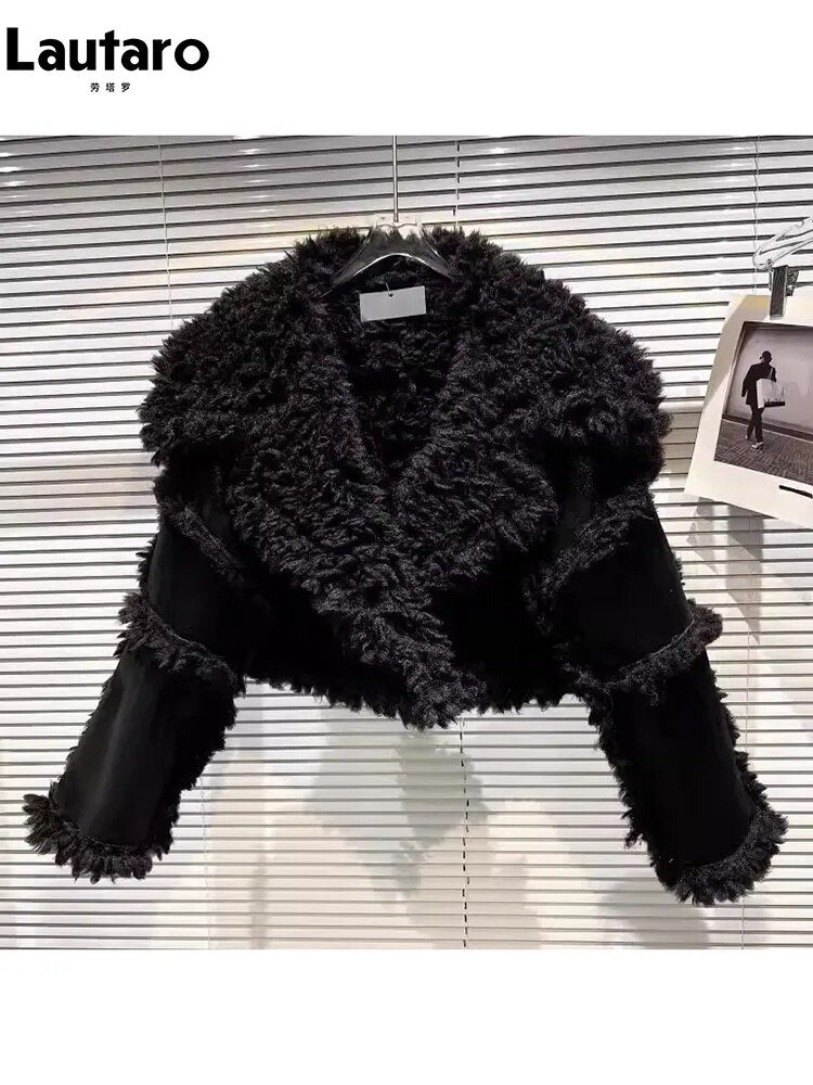 Lautaro Autumn Winter Short Hairy Thick Warm Black Faux Sheepskin Coat Women with Long Sleeve Luxury Designer Fluffy Jacket 2023