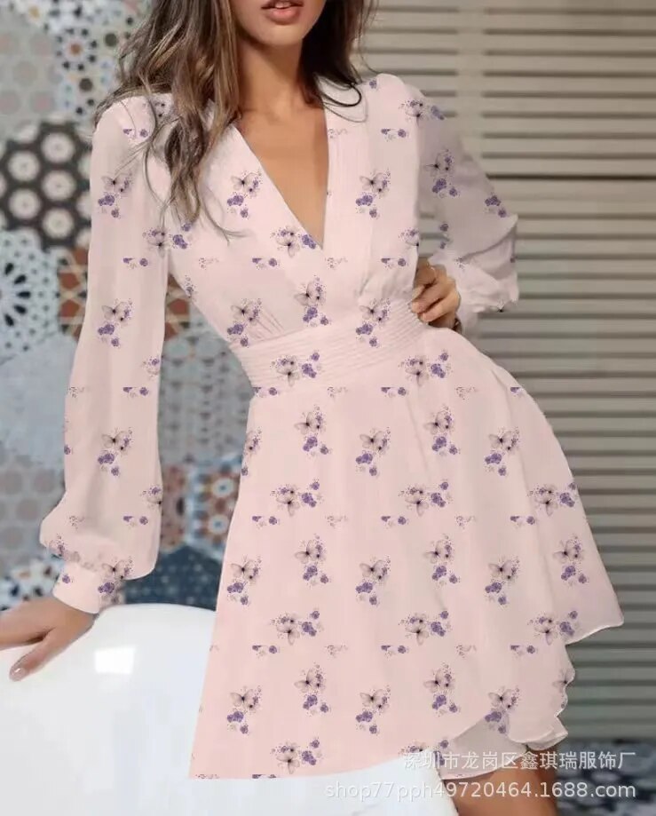 Women Robe Femme Autumn Print A-Line Dresses Patchwork V-Neck Long Sle Mega Mart Center Women Robe Femme Autumn Print A-Line Dresses Patchwork V-Neck Long Sle Mega Mart Center