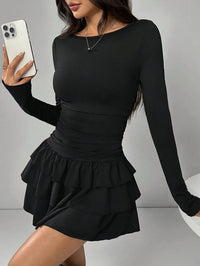 Temperament Dresses 2025 Woman Mini vestidos Simple Style Elegant French Bodycon Slim Pleated Fashion Long Sleeve Commuting Sexy