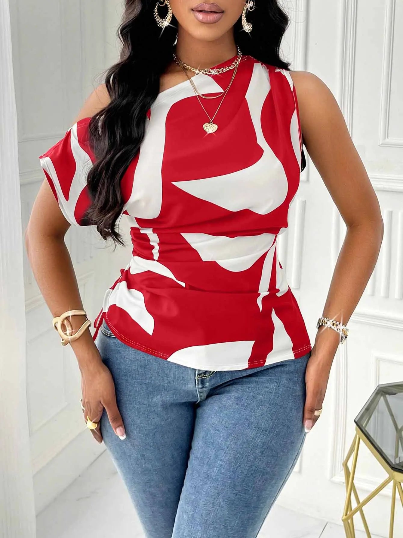 Women's Blouse One Shoulder Abstract Print Side Tie Satin Fitted Tops Sexy Blouse Spring Summer Top Chic Blouse Daily Light Tops