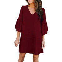 Women Fashion Flared Sleeve Dress Loose Casual Solid Color V Neck Five Quarter Sleeve Mini Dress Female Spring Autumn Clothes