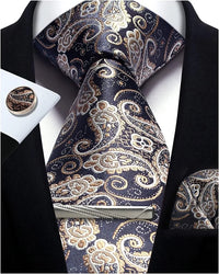 Mens Tie Set Silk Silver Paisley Floral Necktie and Pocket Square Cufflinks Tie Clip Classic Formal Ties for Men Wedding Party