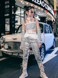 ZZL Y2K Girls Urban Street Dance Jazz Outfits K-pop Stages Clothes White Silver Sequin Dress Suit Runway Performance Show Wear