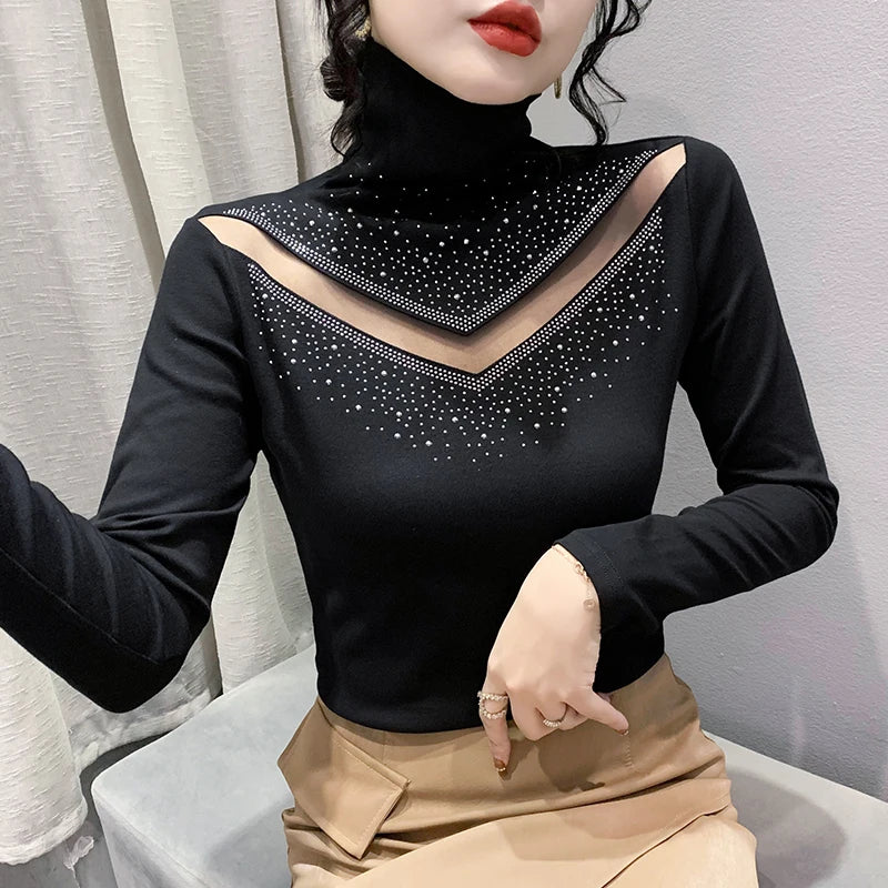 New 2025 Spring Autumn Long Sleeve T-Shirt Fashion Casual Turtleneck Diamond Woman Tee Elegant Slim Women's Tops Blusas