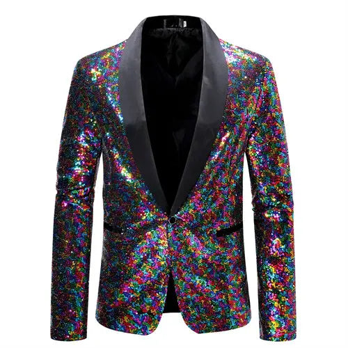 Shiny Sequin Men's Suit Jacket, Stage Performance Coat, White Silver Blue Red Purple Blazers V-neck Single Button S M L XL XXL
