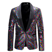 Shiny Sequin Men's Suit Jacket, Stage Performance Coat, White Silver Blue Red Purple Blazers V-neck Single Button S M L XL XXL