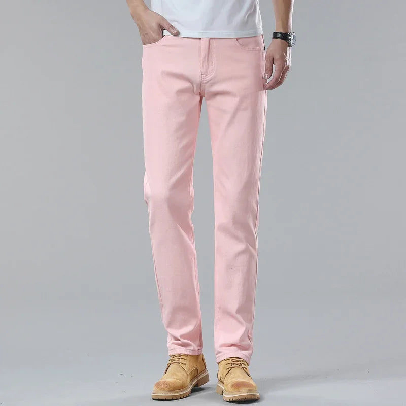 New High Quality Men's Trend Yellow Red White Jeans 2024 Spring Autumn Male High Waist Casual Pants Classic Brand Denim Trousers