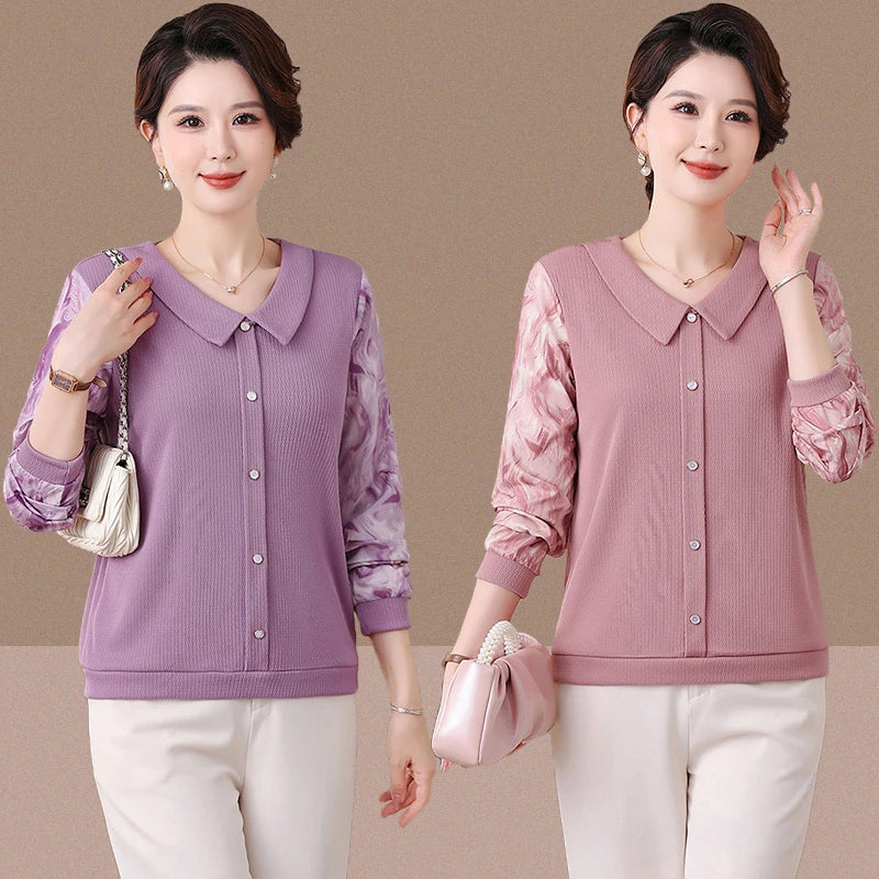 Women Spring  Chiffon Blouses Shirts Lady Casual Turn-down Collar Patchwork Chiffon Blusas Tops