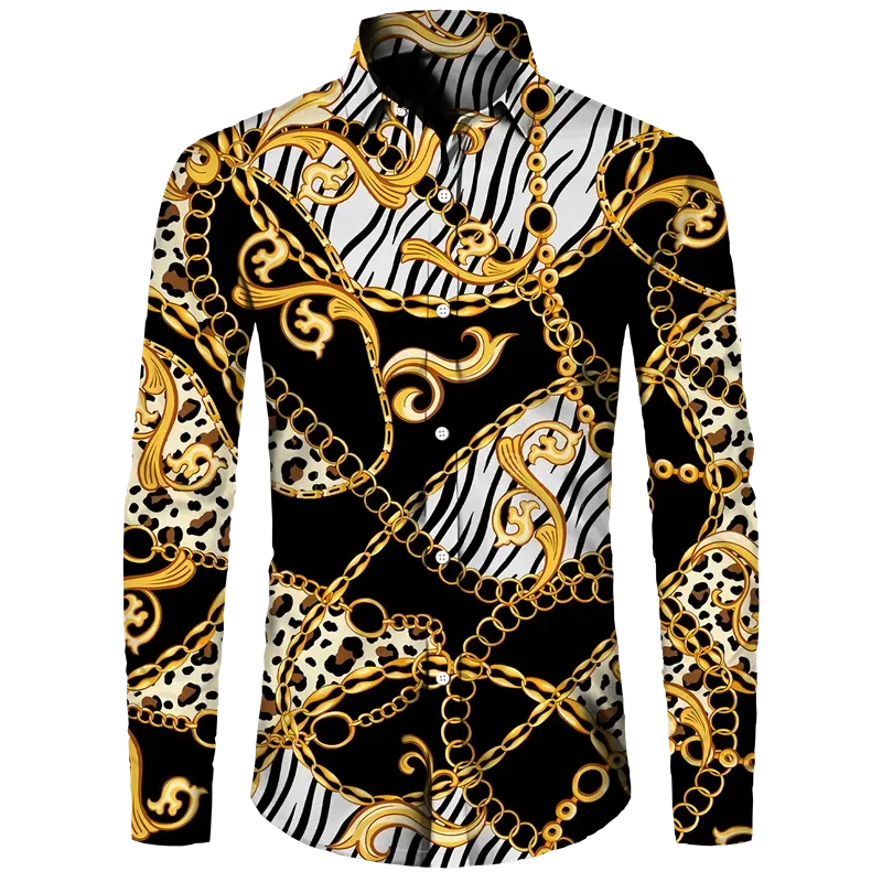 Fashion Luxury Golden Flower Print Men's Shirts Baroque Style Short/Long Sleeve Lapel Button Up Tops Social Hawai Party Cardigan