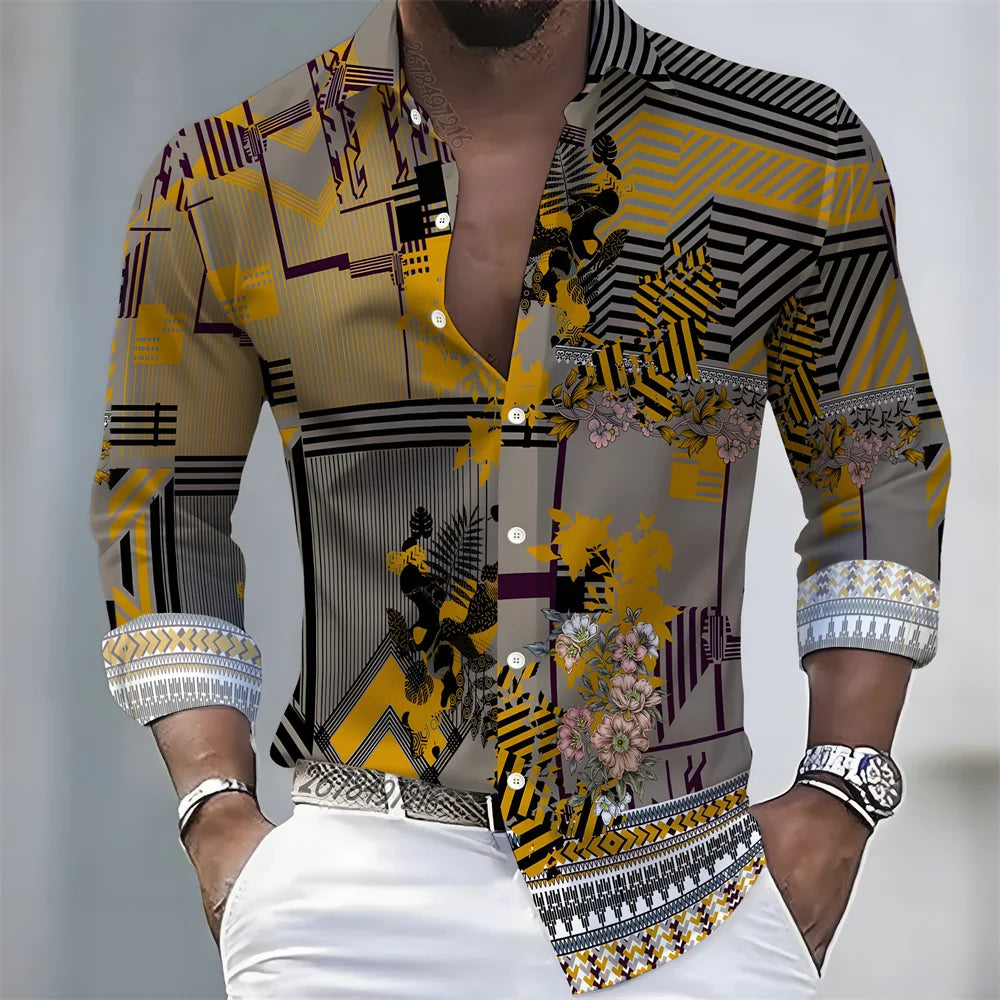New men's artistic printed long-sleeved shirt, retro color-blocked design, casual shirt, versatile and stylish top for commuting