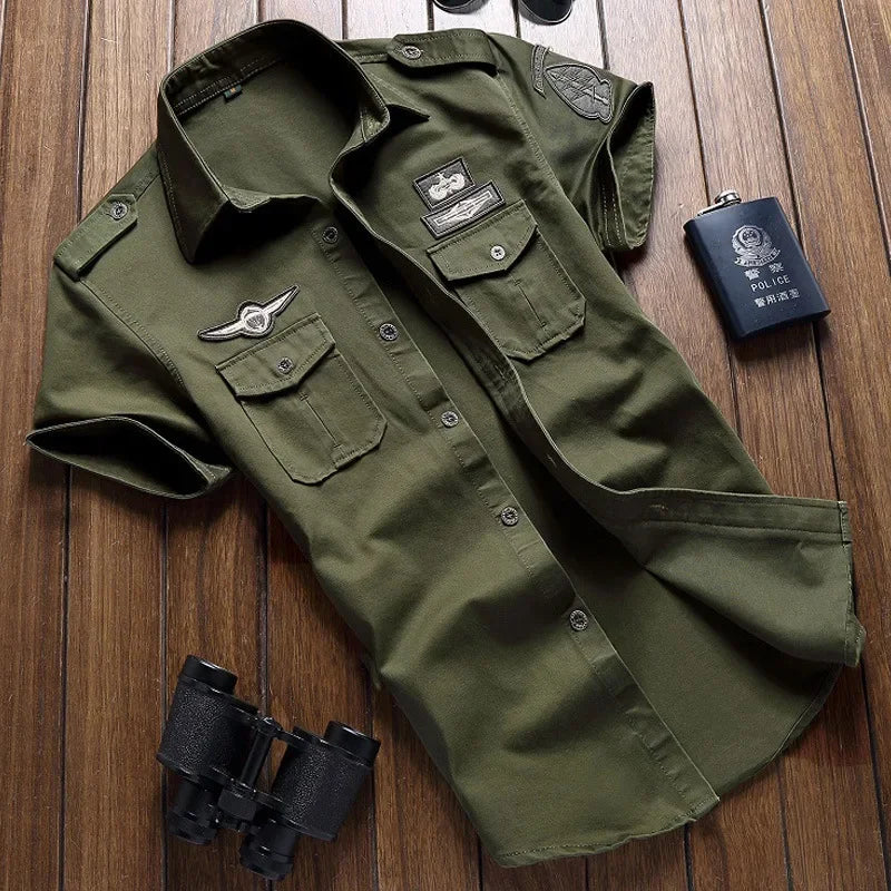 2023 New Mens Military Shirt Men Short Sleeve Cargo Shirts 100% Cotton Casual Solid Shirt Male Pocket Work Shirt