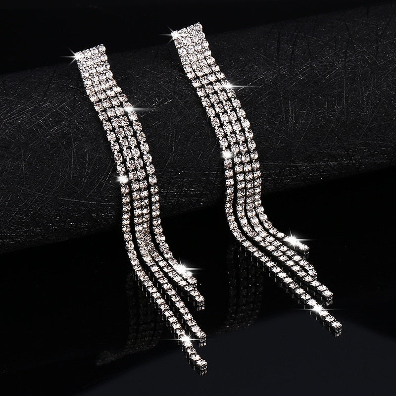 New Luxury Rhinestone Crystal Long Tassel Earrings for Women Bridal Drop Dangling Earrings Party Wedding Jewelry Gifts