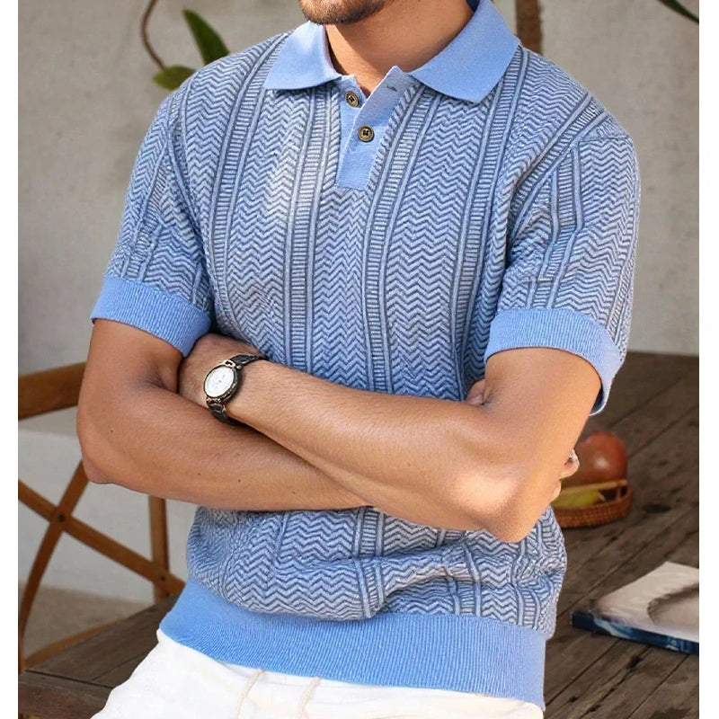 Mens Knit Polo Shirts Short Sleeve Textured Polo Shirt Casual Business Collared Button Shirts