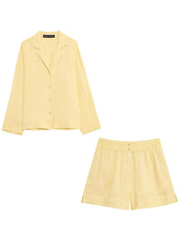 HH 2025 Casual Women Linen Shirt Shorts Sets Summer Lapel Single-Breasted Long Sleeves Shirt Top+Elastic Waist Pocket Shorts